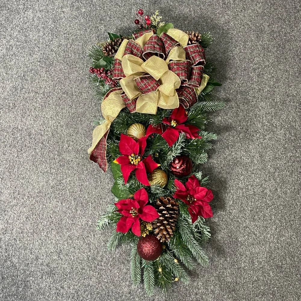 **Burgundy Poinsettia Christmas Teardrop Swag Wreath Front door